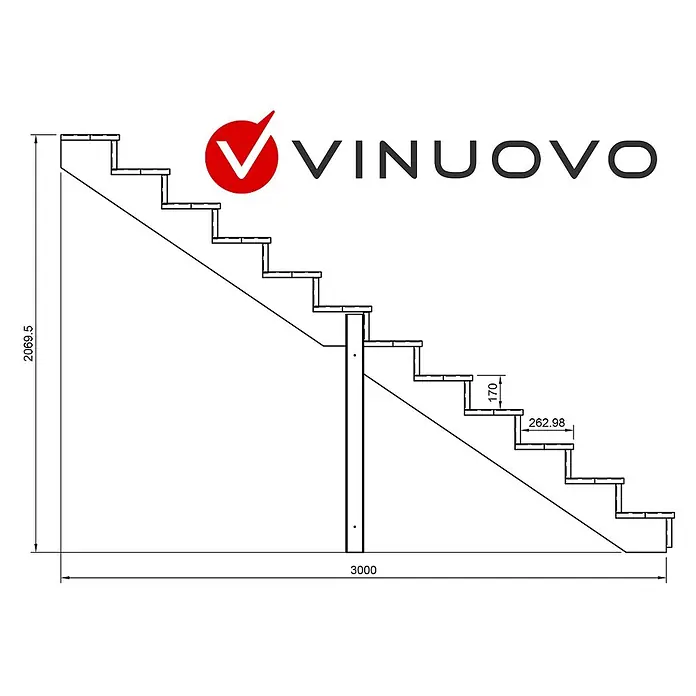 Vinuovo Außentreppe - 160 cm, Anzahl Steigungen: 2 Stk., Gerade - Technisches Diagramm einer geraden Treppe, Seitenansicht, mit Hauptabmessungen für Höhe, Länge, Setzstufe und Auftritt.