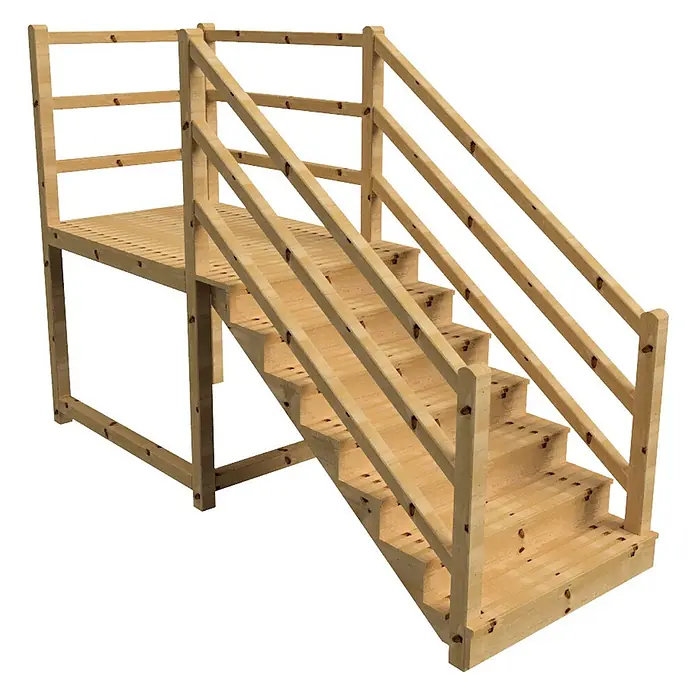 Vinuovo Außentreppe - 120 cm, Anzahl Steigungen: 7 Stk., Gerade - Helle Holztreppe mit Geländer, die zu einer erhöhten Plattform führt.