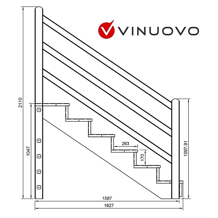 Vinuovo Außentreppe Venezia mit Geländer links, 6 Stufen, H105cm B120cm, mit Setzstufen - Anzahl Steigungen: 6 Stk., Gerade - Technische Zeichnung einer Treppenbalustrade mit Maßen.