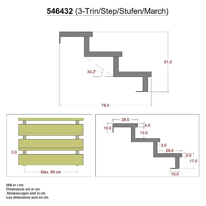 Vinuovo Außentreppe 2er Set Stahl Treppenwange 3 Stufen - Option für Setzstufen-Höhe 51cm - Anzahl Steigungen: 3 Stk., Gerade - Technische Zeichnung einer hellfarbenen, modularen 3-Stufen-Einheit mit Maßen, Seiten- und Draufsicht.