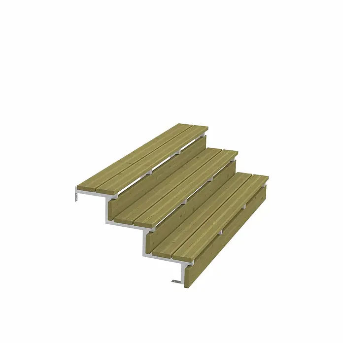 Vinuovo Außentreppe 2er Set Stahl Treppenwange 3 Stufen - Option für Setzstufen-Höhe 51cm - Anzahl Steigungen: 3 Stk., Gerade - Dreistufige Holztreppe mit silbernen Metallstützen.