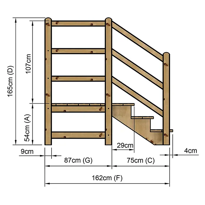 Vinuovo Außentreppe - 120 cm, Anzahl Steigungen: 3 Stk., Gerade - Holzleiter und Treppe mit Geländer für Hochbetten, Maßangaben in Zentimetern.