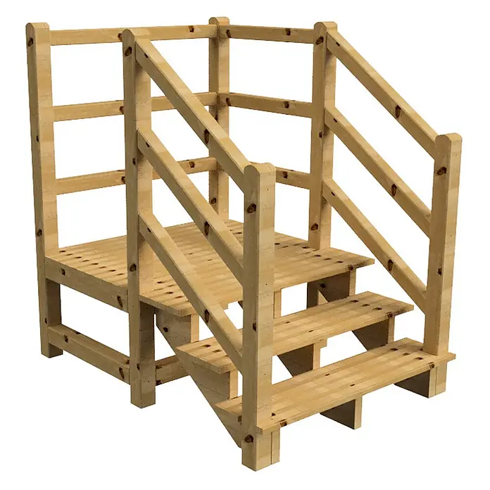 Vinuovo Außentreppe - 120 cm, Anzahl Steigungen: 3 Stk., Gerade - Helle Holztreppe mit Podest und Sicherheitsgeländer.