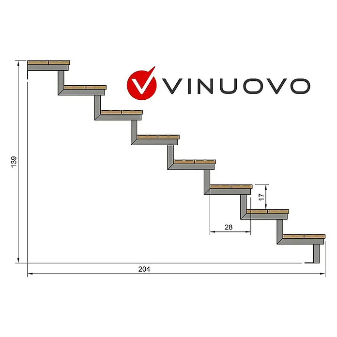 Vinuovo Außentreppe OSLO - Stahltreppe Außen H139cm 8 Treppenstufen Holz KDI Breite 60cm - Anzahl Steigungen: 8 Stk., Gerade - Modulare graue Treppe mit Holzstufen, detailliert mit Maßen: 139 cm Höhe, 204 cm Länge, 17 cm Steigung, 28 cm Auftritt.