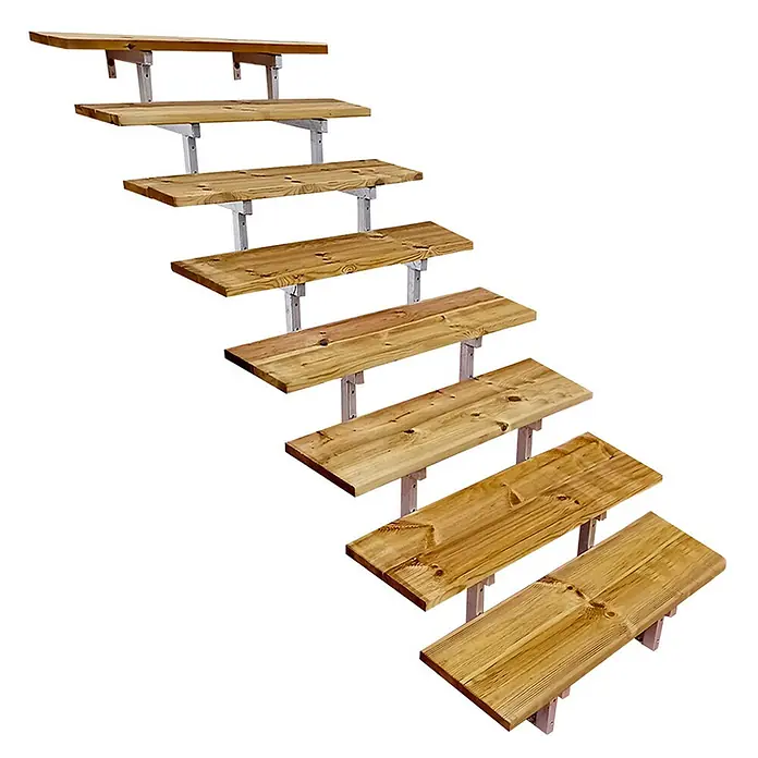 Vinuovo Außentreppe OSLO - Stahltreppe Außen H139cm 8 Treppenstufen Holz KDI Breite 60cm - Anzahl Steigungen: 8 Stk., Gerade - Acht Holzstufen/-regale mit natürlicher Maserung, gestützt von grauen Metallhalterungen, diagonal aufsteigend angeordnet.