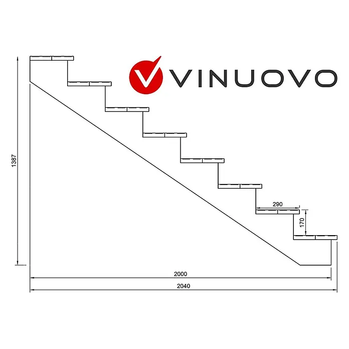 Vinuovo Außentreppe BERLIN Holztreppe - 8 Geschlossene Stufen 139cm Höhe - 120cm Breite - Anzahl Steigungen: 8 Stk., Gerade - Technische Zeichnung einer geraden Treppe mit VINUOVO Logo und Maßen: Gesamthöhe 1387, Gesamtlänge 2000/2040, Steigung 170, Auftritt 290.