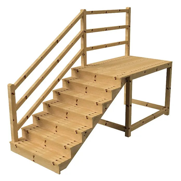 Vinuovo Außentreppe - 120 cm, Anzahl Steigungen: 7 Stk., Gerade - Holztreppe mit Podest und Geländer aus hellem Holz.