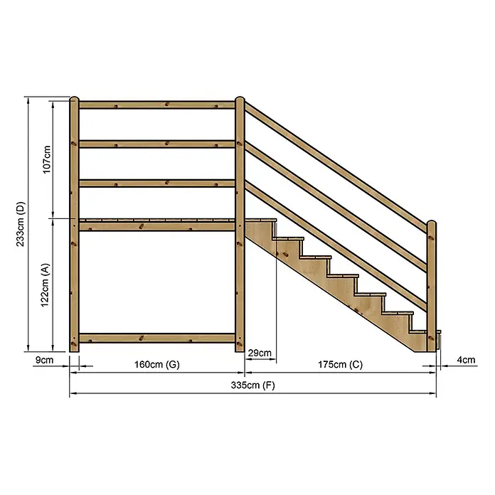 Vinuovo Außentreppe - 120 cm, Anzahl Steigungen: 7 Stk., Gerade - Hölzernes Etagenbettgestell mit integrierter Treppe und Geländer, detaillierte Maße zeigend.