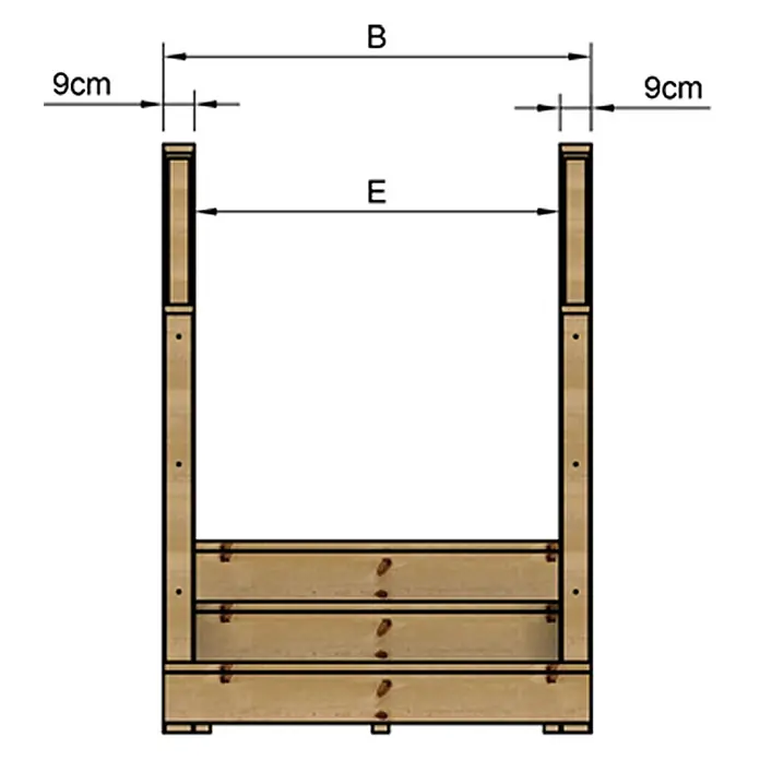 Vinuovo Außentreppe - 120 cm, Anzahl Steigungen: 3 Stk., Gerade - Vorderansicht eines Holzrahmens mit Maßen B (Gesamtbreite), E (Innenbreite) und 9cm Seitenabständen.
