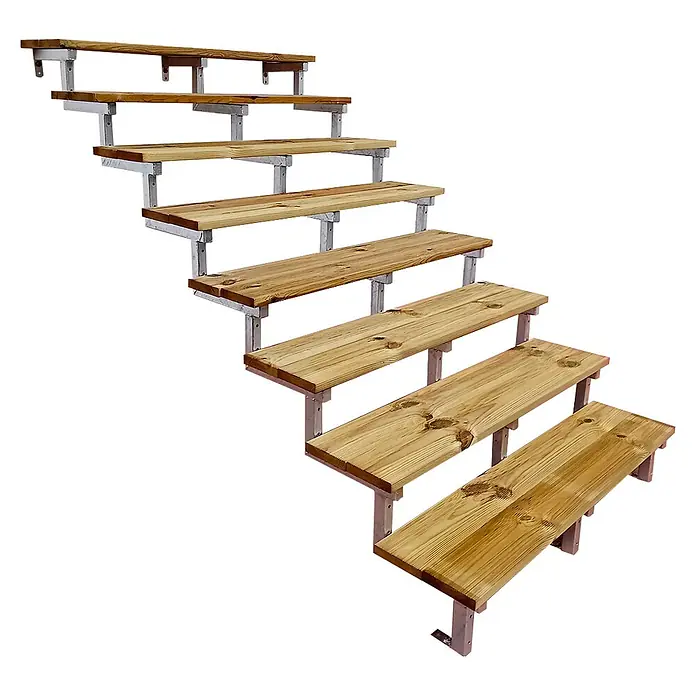 Vinuovo Außentreppe OSLO - Stahltreppe Außen H139cm 8 Treppenstufen Holz KDI Breite 120cm - Anzahl Steigungen: 8 Stk., Gerade - Modulare Holzstufen mit silbernen Metallhalterungen, ideal für Außentreppen.