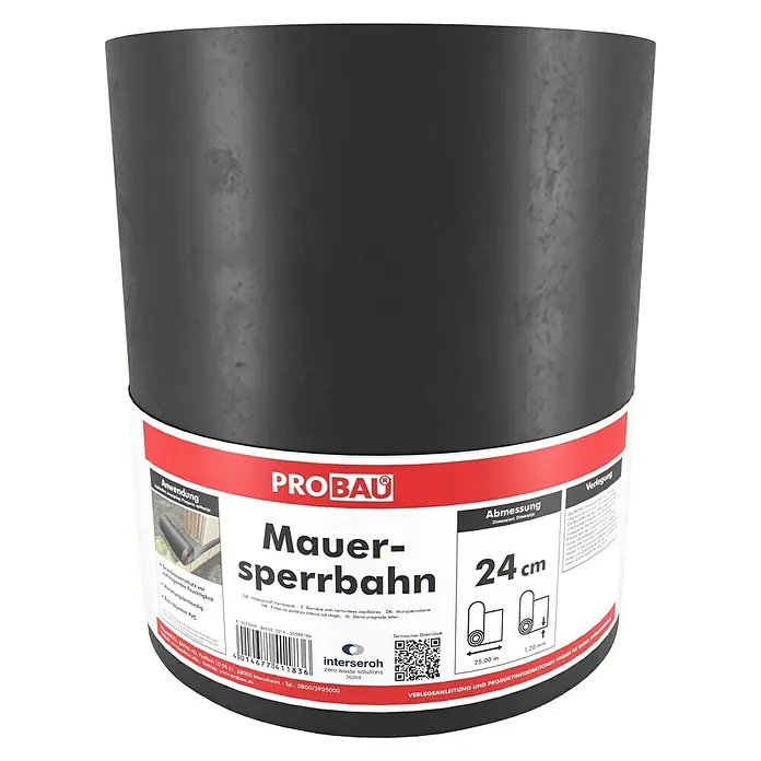 Probau Mauersperrbahn - 25 m x 24 cm x 1,2 mm, PVC - Nahaufnahme einer Rolle PROBAU Mauersperrbahn, ideal zum Schutz von Mauerwerk vor Feuchtigkeit. Die Rolle ist 24 cm breit und 25 m lang.