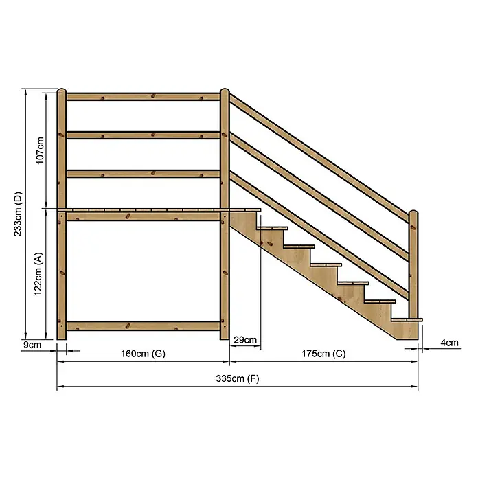 Vinuovo Außentreppe - 120 cm, Anzahl Steigungen: 7 Stk., Gerade - Detaillierte Zeichnung eines hölzernen Hochbetts mit integrierter Treppe und Sicherheitsgeländer, inklusive Maße.