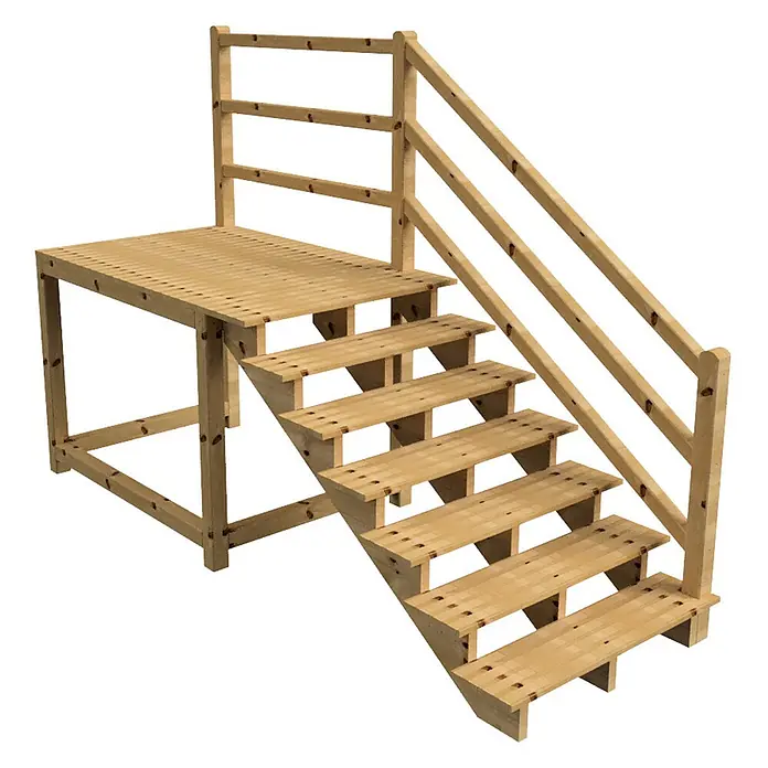 Vinuovo Außentreppe - 120 cm, Anzahl Steigungen: 7 Stk., Gerade - Modulare Holzplattform mit Treppe und Geländer aus hellem Holz.