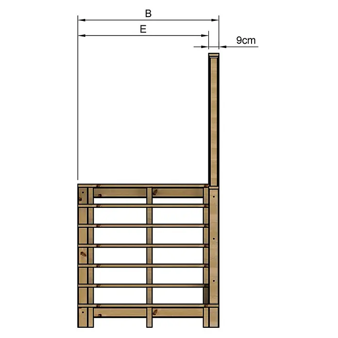 Vinuovo Außentreppe - 120 cm, Anzahl Steigungen: 7 Stk., Gerade - Hellbraunes Holz-Gartenspalier mit horizontalen Latten und vertikaler Verlängerung, Maße angezeigt.