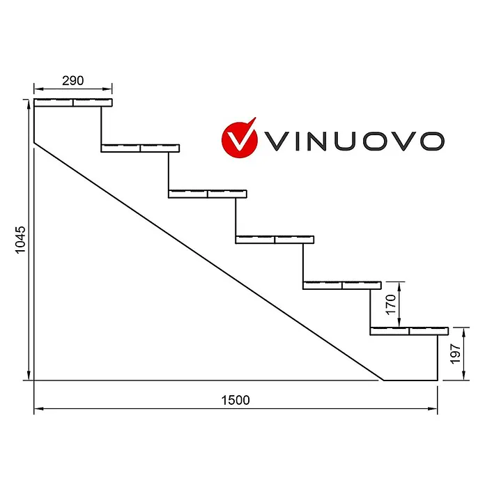 Vinuovo Außentreppe BERLIN Holztreppe - 6 Geschlossene Stufen 105cm Höhe - 120cm Breite - Anzahl Steigungen: 6 Stk., Gerade - Technische Zeichnung eines 6-stufigen Treppengestells mit Maßen: 1045mm Höhe, 1500mm Länge, 290mm Auftritt, 170-197mm Steigung.