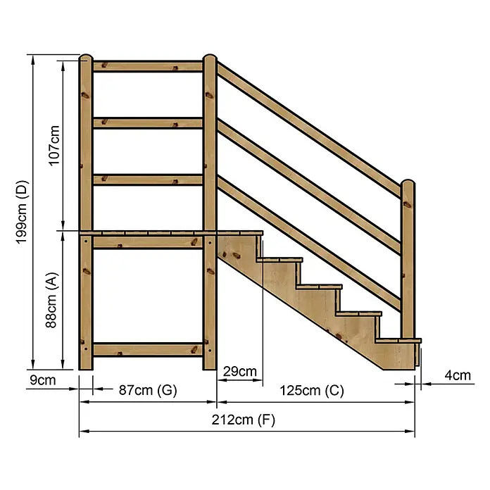 Vinuovo Außentreppe - 120 cm, Anzahl Steigungen: 5 Stk., Gerade - Naturholzplattform mit Treppe und Geländer, inklusive detaillierter Maße.