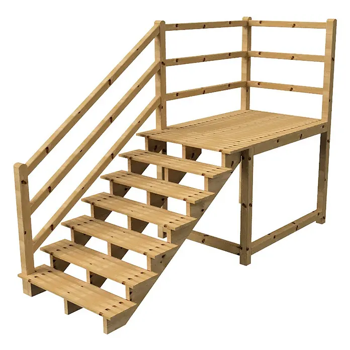Vinuovo Außentreppe - 120 cm, Anzahl Steigungen: 7 Stk., Gerade - Helle Holzterrasse mit Treppe und Sicherheitsgeländer für erhöhten Zugang.