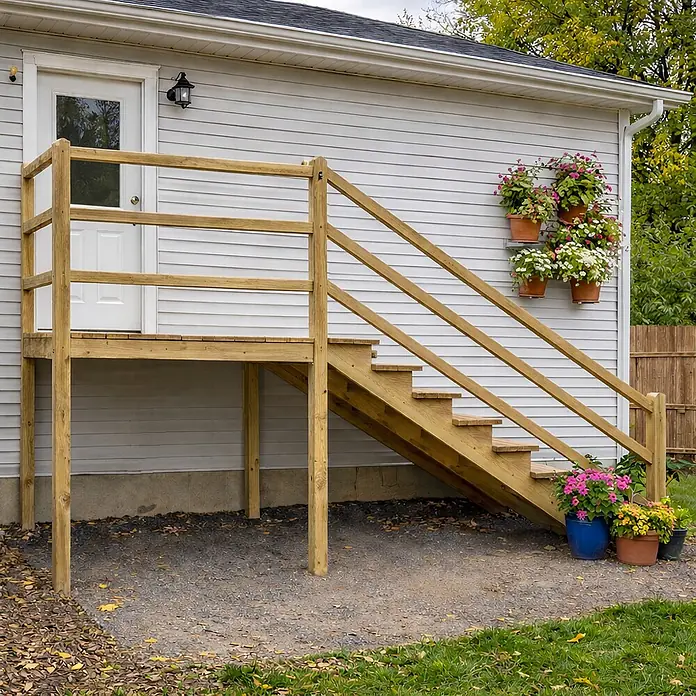 Vinuovo Außentreppe - 120 cm, Anzahl Steigungen: 4 Stk., Gerade - Holzterrasse und Treppe als Außenzugang zu einem Haus.