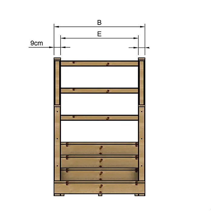 Vinuovo Außentreppe - 120 cm, Anzahl Steigungen: 4 Stk., Gerade - Hellbraunes Holzregal mit Maßen (9cm, B, E) beschriftet.