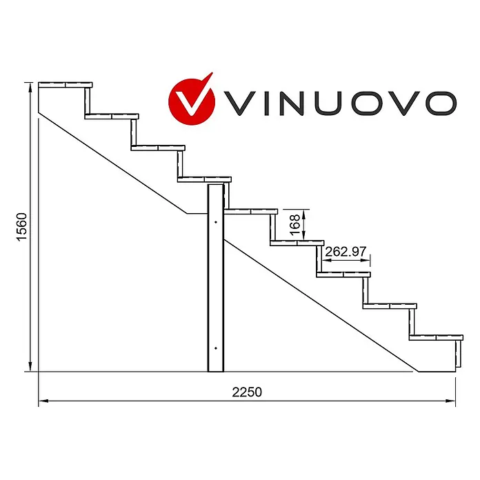 Vinuovo Außentreppe BERLIN Holztreppe - 9 Geschlossene Stufen 156cm Höhe - 100cm Breite - Anzahl Steigungen: 9 Stk., Gerade - Technische Zeichnung einer Treppe mit Maßen: Höhe 1560, Länge 2250, Steigung 168, Auftritt 262.97.