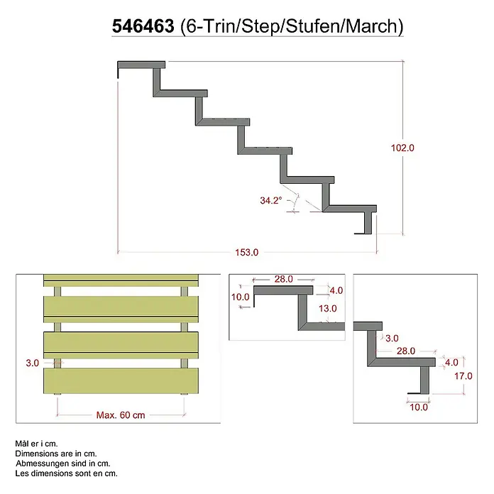 Vinuovo Außentreppe 3er Set Stahl Treppenwange 6 Stufen - Option für Setzstufen-Höhe 102cm - Anzahl Steigungen: 6 Stk., Gerade - Technische Zeichnung einer 6-stufigen Holztreppe mit Lattenstufen, mit Seiten-, Draufsicht- und Detailansichten samt Maßen.