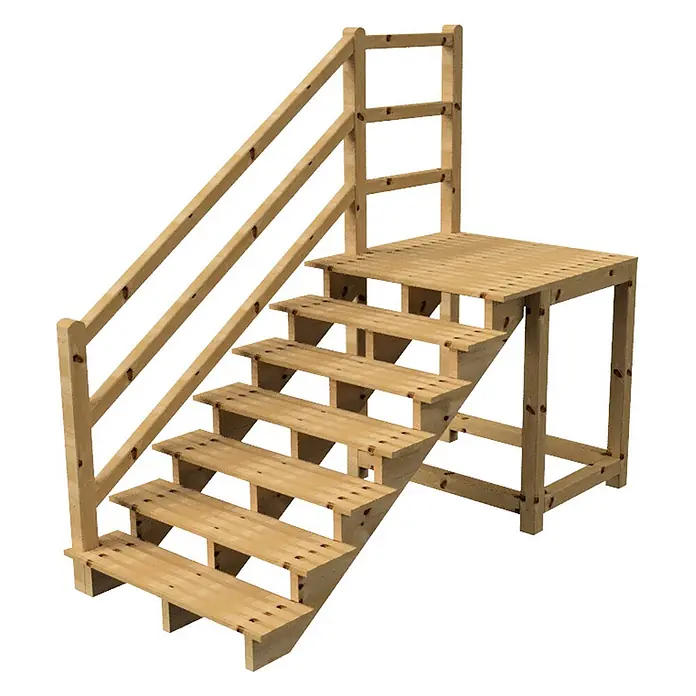 Vinuovo Außentreppe - 120 cm, Anzahl Steigungen: 7 Stk., Gerade - Helle Holz-Außentreppe mit Geländer und quadratischer Plattform.