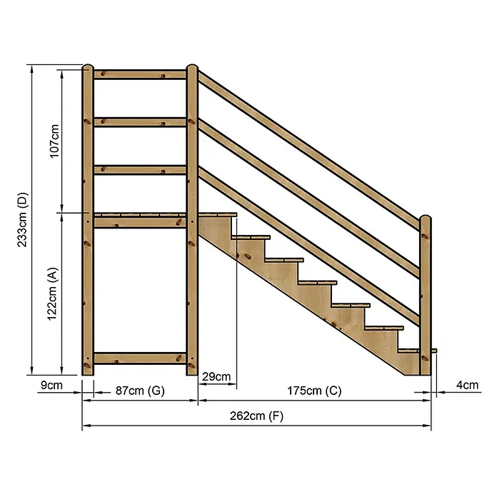 Vinuovo Außentreppe - 120 cm, Anzahl Steigungen: 7 Stk., Gerade - Schema einer Holztreppe mit Geländer, das detaillierte Höhen-, Breiten- und Stufenmaße anzeigt.