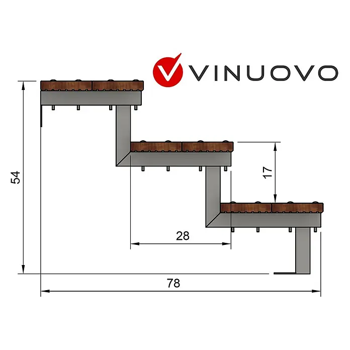 Vinuovo Außentreppe BALI Gartentreppe Stahl H54cm - 3 Bankirai Hartholz Stufen B80cm - Anzahl Steigungen: 3 Stk., Gerade - Technische Zeichnung eines dreistufigen modularen Treppenholms mit grauem Metallrahmen und braunen Holzstufen, mit Maßen.