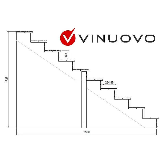 Vinuovo Außentreppe BERLIN Holztreppe - 10 Geschlossene Stufen 173cm Höhe - 80cm Breite - Anzahl Steigungen: 10 Stk., Gerade - Technische Zeichnung einer geraden Treppe: Höhe 1727mm, Länge 2500mm, Steigung 170mm, Auftritt 264,85mm.