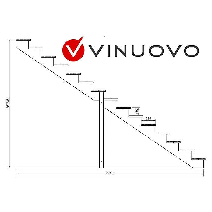 Vinuovo Außentreppe BERLIN Holztreppe - 15 Offene Stufen 258cm Höhe - 80cm Breite - Anzahl Steigungen: 5 Stk., Gerade - Technische Zeichnung einer VINUOVO Modultreppe in Seitenansicht mit Maßen für Höhe und Tiefe der Stufen.