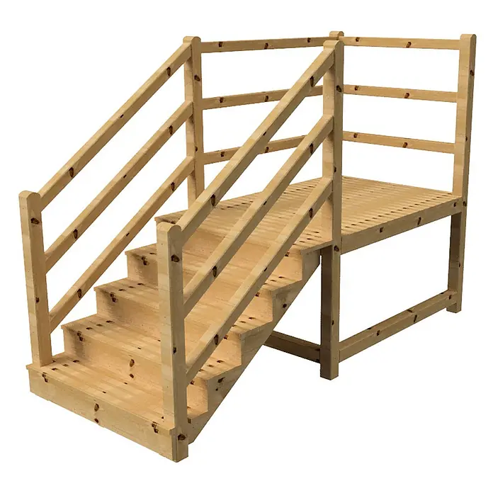 Vinuovo Außentreppe - 120 cm, Anzahl Steigungen: 5 Stk., Gerade - Helle Holztreppe mit fünf Stufen und Geländer, die zu einer kleinen erhöhten Plattform mit Sicherheitsgeländer führt.
