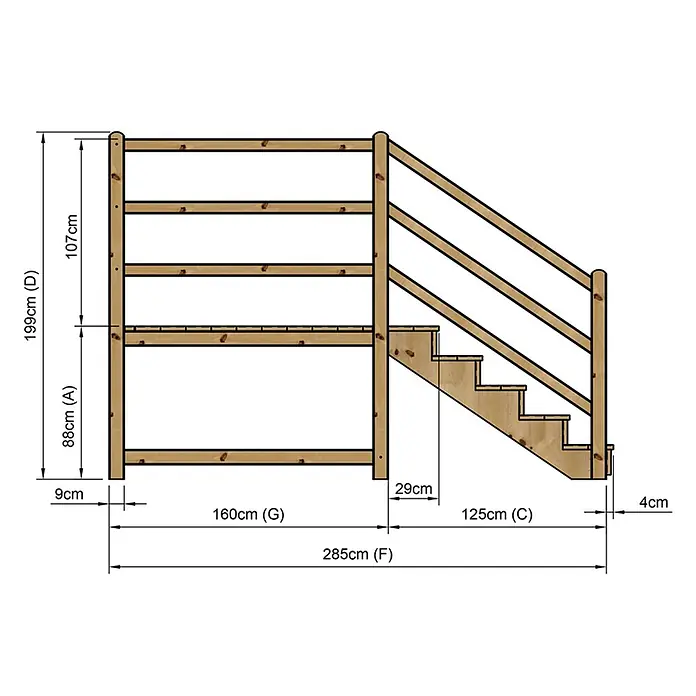 Vinuovo Außentreppe - 120 cm, Anzahl Steigungen: 5 Stk., Gerade - Detailliertes Diagramm einer hölzernen Spielplattform mit Treppe und Geländer, inklusive Maßen.