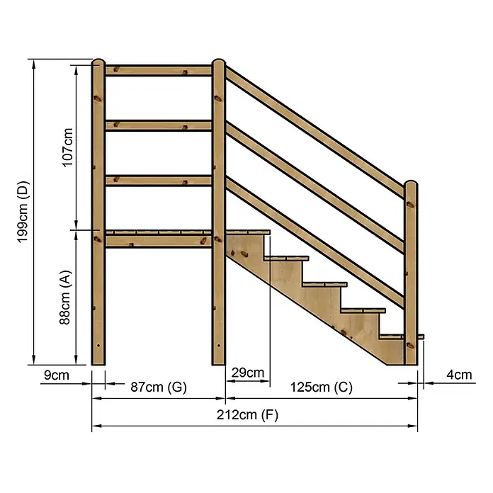 Vinuovo Außentreppe - 120 cm, Anzahl Steigungen: 5 Stk., Gerade - Hölzerne Spielplattform mit Treppe und Geländer, mit Maßen versehen.