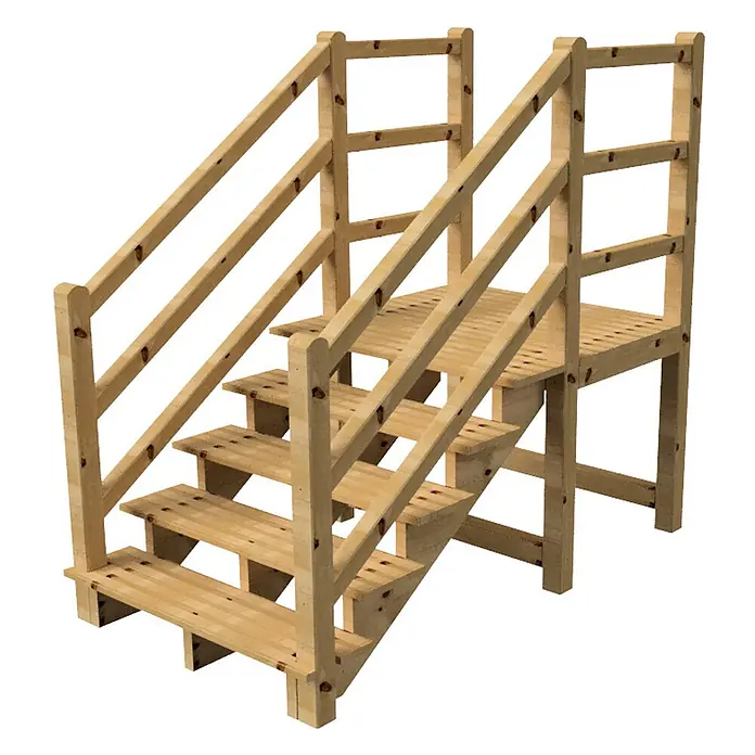 Vinuovo Außentreppe - 120 cm, Anzahl Steigungen: 5 Stk., Gerade - Helle Holz-Außentreppe mit Geländer und kleiner Plattform.