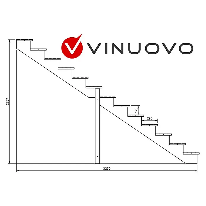 Vinuovo Außentreppe BERLIN Holz-Außentreppe - 13 Offene Stufen 224 cm Höhe - 120 cm Breite - 120 cm, Anzahl Steigungen: 3 Stk., Gerade - Technische Zeichnung einer geraden Treppe mit Mittelstütze, Maßen für Gesamthöhe, Länge, Steigung und Auftritt.