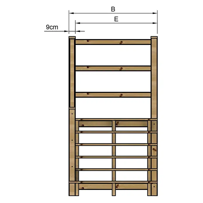 Vinuovo Außentreppe - 120 cm, Anzahl Steigungen: 6 Stk., Gerade - Helles braunes Holzregal mit Latten und Breitenmaßen.