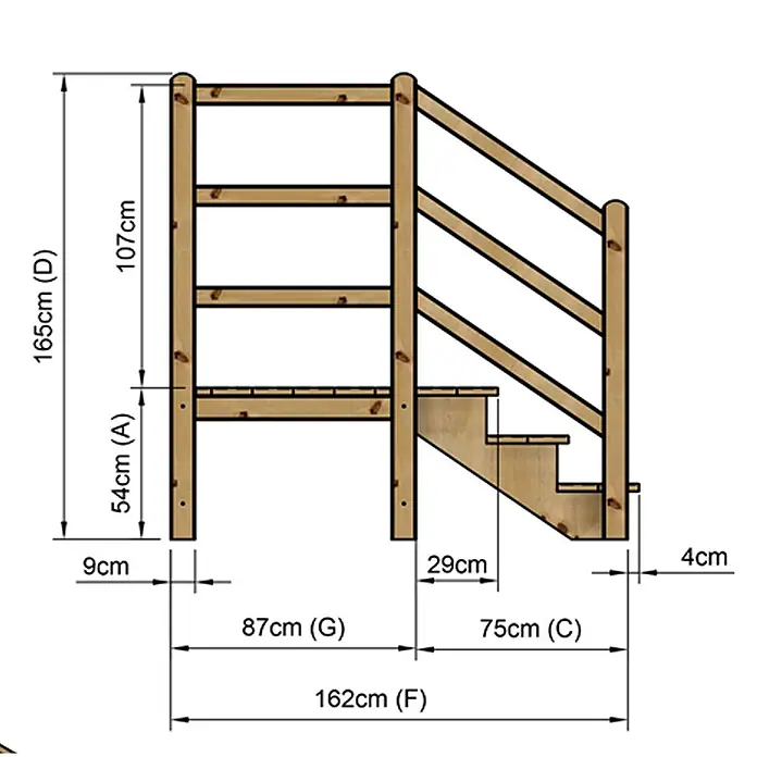 Vinuovo Außentreppe - 120 cm, Anzahl Steigungen: 3 Stk., Gerade - Hölzernes Spielgerüst mit Leiter und Treppe, in Naturholzfarbe mit detaillierten Abmessungen zur Montage.