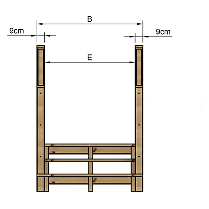 Vinuovo Außentreppe - 120 cm, Anzahl Steigungen: 3 Stk., Gerade - Holzrahmen-Diagramm mit Gesamtbreite (B), Innenbreite (E) und 9cm Seitenüberständen.