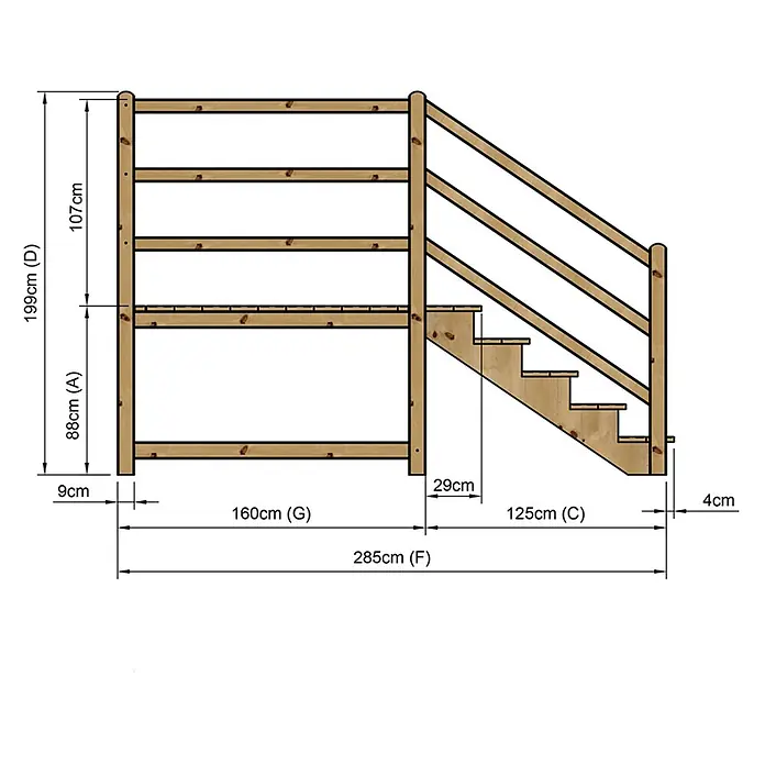 Vinuovo Außentreppe - 120 cm, Anzahl Steigungen: 5 Stk., Gerade - Hölzernes Etagenbettgestell mit integrierter Treppe, detaillierte Maße abgebildet.