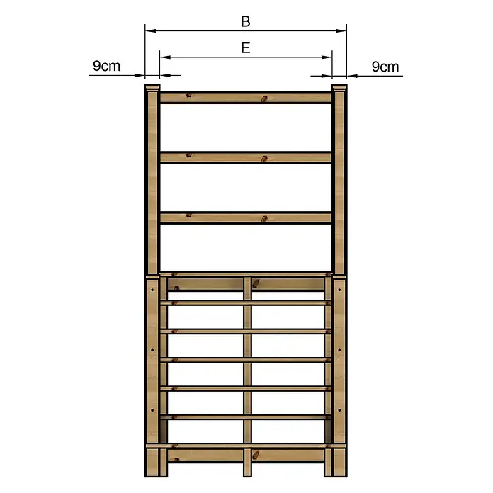 Vinuovo Außentreppe - 120 cm, Anzahl Steigungen: 7 Stk., Gerade - Hölzernes Mehrfachregal mit den Maßen B, E und 9cm-Abständen.