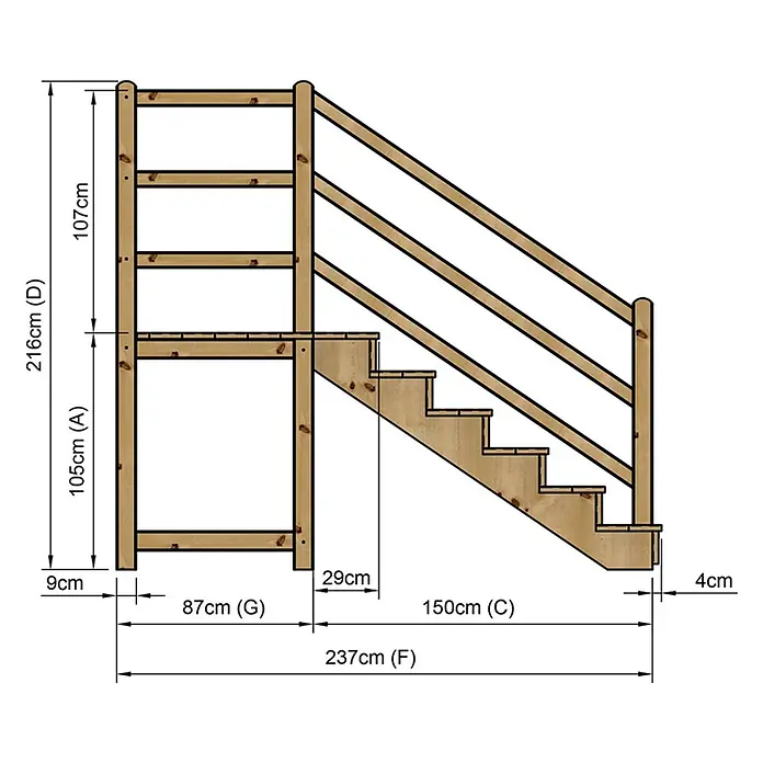 Vinuovo Außentreppe - 120 cm, Anzahl Steigungen: 6 Stk., Gerade - Holzspielhaus-Treppe und Plattform mit Leitergeländer in natürlicher Holzoptik.