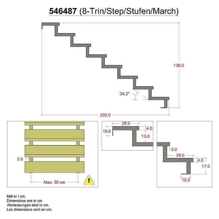 Vinuovo Außentreppe 2er Set Stahl Treppenwange 8 Stufen - Option für Setzstufen-Höhe 136cm - Anzahl Steigungen: 8 Stk., Gerade - Technische Zeichnung einer 8-stufigen Treppe mit Maßen: 203 cm Länge, 136 cm Höhe und einem Winkel von 34,2 Grad.