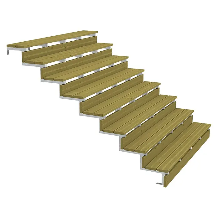 Vinuovo Außentreppe 2er Set Stahl Treppenwange 8 Stufen - Option für Setzstufen-Höhe 136cm - Anzahl Steigungen: 8 Stk., Gerade - Grünlich-braune Holztreppe mit weißen Metallstützen. Modulares Design für den Außenbereich.