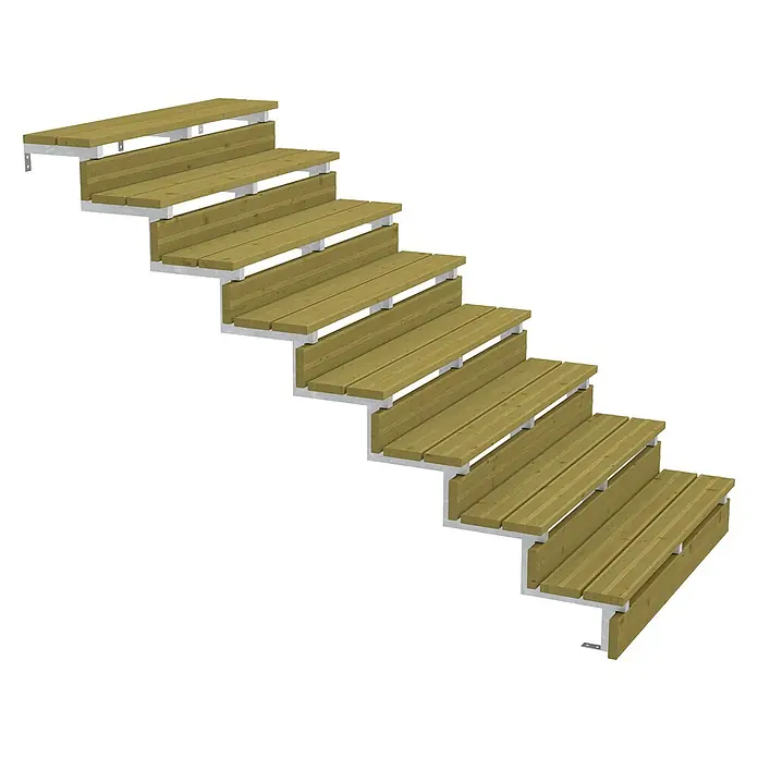 Vinuovo Außentreppe 2er Set Stahl Treppenwange 8 Stufen - Option für Setzstufen-Höhe 136cm - Anzahl Steigungen: 8 Stk., Gerade - Außentreppe mit hellbraunen Holzstufen auf weißen Metallwangen.