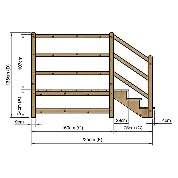 Vinuovo Außentreppe - 120 cm, Anzahl Steigungen: 3 Stk., Gerade - Technische Zeichnung einer hellbraunen Holzgeländer und Treppe mit Maßen für Höhe, Breite und Tiefe.