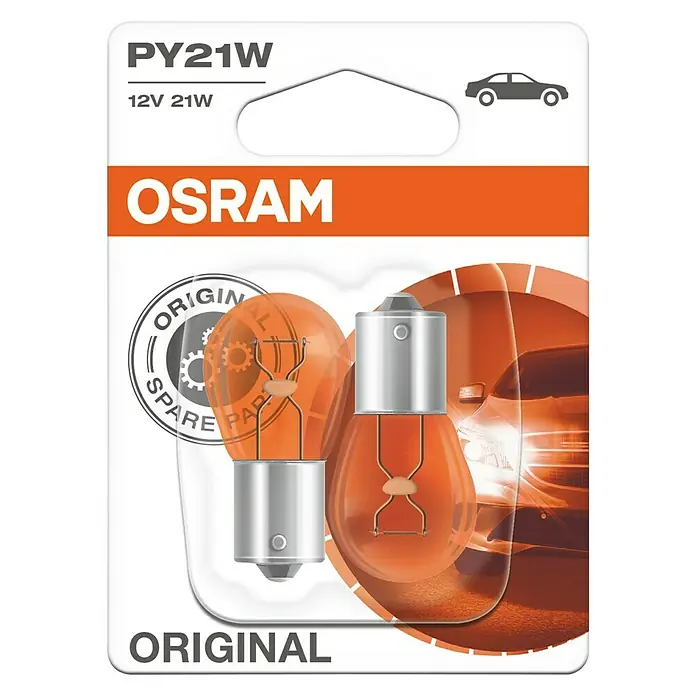 Osram Blinkleuchten - PY21W, 2 Stk. - Nahaufnahme einer OSRAM PY21W Original-Glühbirne mit 12V 21W in der Verpackung, ideal als Ersatzteil für Ihr Fahrzeug.