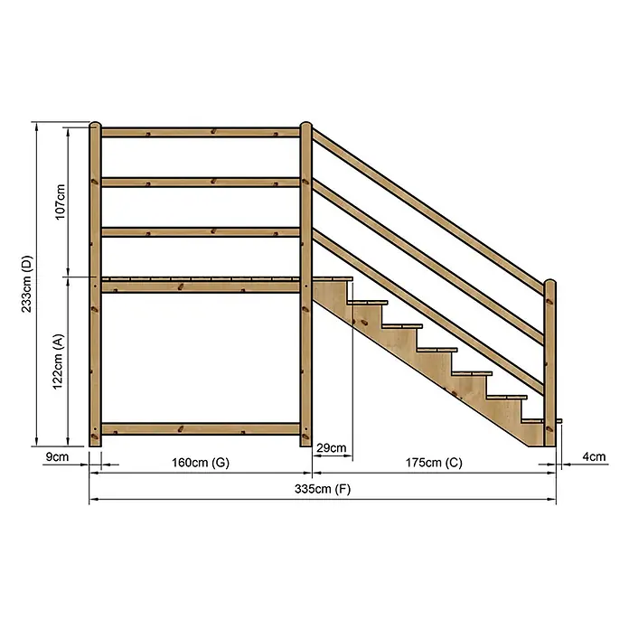 Vinuovo Außentreppe - 120 cm, Anzahl Steigungen: 7 Stk., Gerade - Holz-Hochbettgestell mit integrierter Treppe und Geländern, bemaßt.