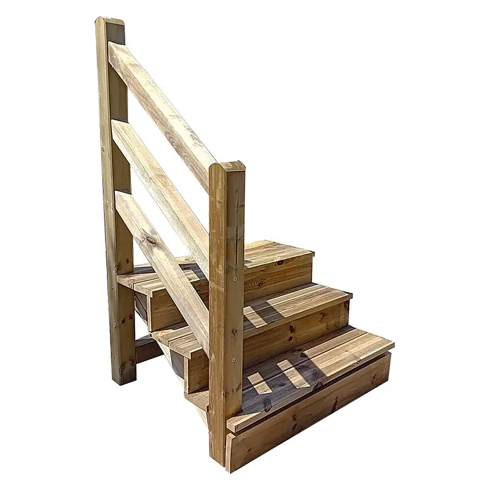 Vinuovo Außentreppe Venezia mit Geländer links, 4 Stufen, H71cm B120cm, mit Setzstufen - Anzahl Steigungen: 4 Stk., Gerade - Helle Holztreppe mit schrägem Geländer, ideal für Terrassen oder Gartenzugang.