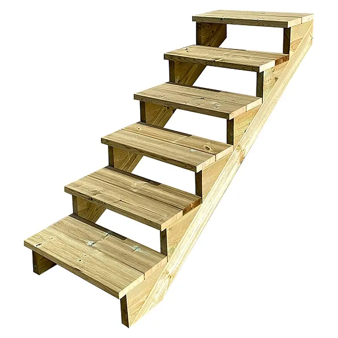 Vinuovo Außentreppe BERLIN Holztreppe - 6 Offene Stufen 105cm Höhe - 100cm Breite - Anzahl Steigungen: 6 Stk., Gerade - Sechsstufige Holztreppe aus hellem, druckimprägniertem Holz, geeignet für den Außenbereich.