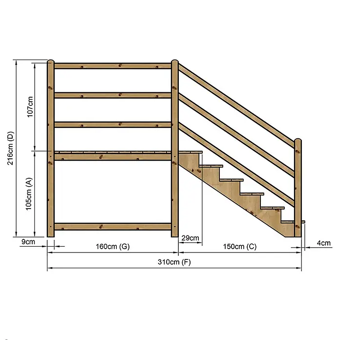 Vinuovo Außentreppe - 120 cm, Anzahl Steigungen: 6 Stk., Gerade - Hölzerne Spielplattform mit Treppe und Geländer, detailreich bemaßt für den Aufbau.